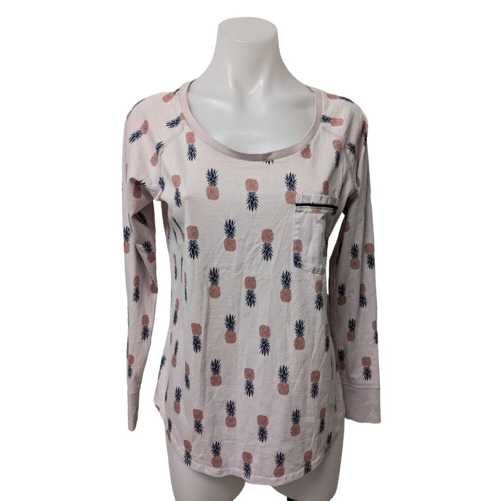 Love Hanna Size Small Pineapple Crew Neck Top Pink Cotton Pocket Long Sleeves